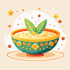 Teal Bowl of Creamy Porridge with Green Leaves