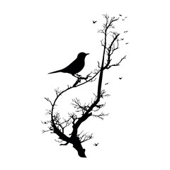 A silhouette of a bird perched on a bare tree branch with smaller birds flying above it in the sky