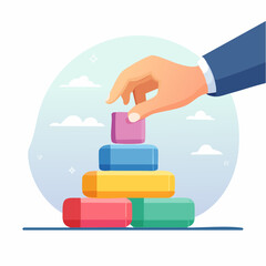 Hand Placing Block on Colorful Stacking Toy Pyramid