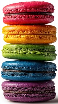 A vibrant vertical stack of six colorful macarons, each layer in a different pastel hue, showcasing a delicious dessert.