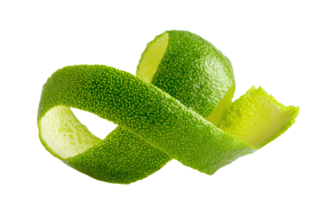 A green lime peel is curled up and has a lot of small bumps on it. The peel is very thin and has a lot of texture, png