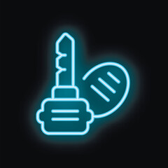 Blue neon icon of a car key and key fob glowing on a black background