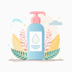 Pastel Blue Lotion Bottle with Pink Pump Surrounded by Leaves