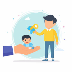 Father and Baby Boy Playing with Toy Airplane in Gentle Illustration