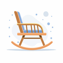 Wooden Rocking Chair with Blue Cushion on White Background