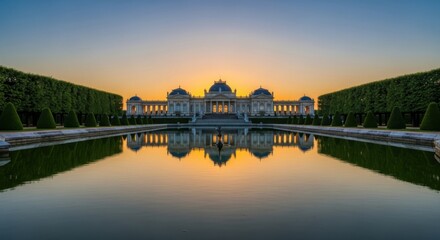 Fototapeta premium Grand Historic Palace with Reflective Pool and Sunset Sky in Elegant Garden Setting