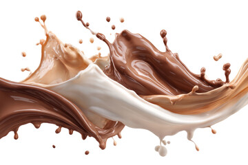 A chocolate and vanilla milkshake with a white background. The milkshake is in the shape of a wave, with the chocolate and vanilla swirls blending together. Concept of motion and fluidity, png