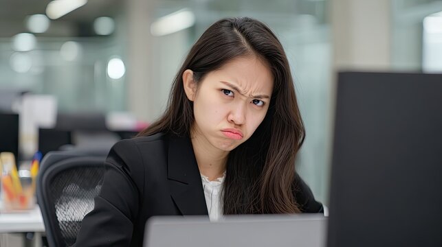 Upset asian woman showing a frustrated expression in an office environment. Business stress concept. Employee workload emotion.