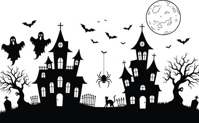 Spooky Halloween night scene with haunted houses, flying bats, ghosts, full moon, spider, black cat, and creepy graveyard trees