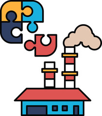 A black and white image of a factory with a puzzle piece on top of it