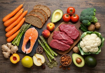 Fresh Healthy Ingredients with Meat, Fish, Vegetables and Fruits on Rustic Wooden Table – Top View