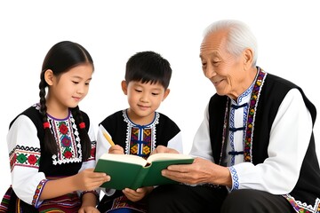 Elderly Asian man reading a book with two young children in traditional outfits, symbolizing intergenerational learning, family bonds, and the sharing of cultural wisdom