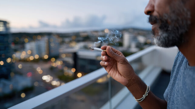 A man gazes thoughtfully at a blurred cityscape while holding a cigarette, capturing a moment of reflection and solitude against a twilight backdrop of urban lights.