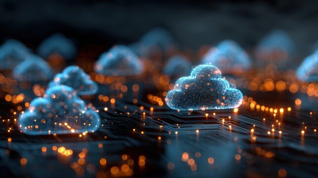 A digital visualization of glowing cloud shapes over a circuit board, symbolizing cloud computing and technology.
