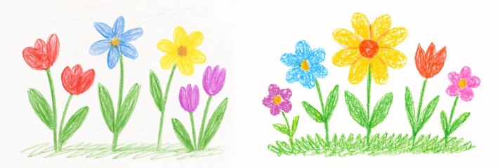 Set of illustrations made by a child with colored pencils - a meadow of colorful flowers