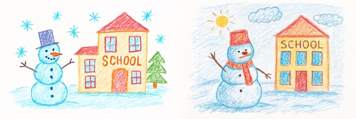 Set of Snowman near school drawn by child with colored pencils  