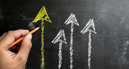 A hand draws a bright yellow arrow surpassing three other white arrows on a dark chalkboard background, symbolizing leadership and exceeding expectations