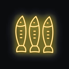 Yellow neon sign illuminating a dark wall with three fish shapes, perfect for themes like seafood restaurants