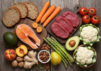 Fresh Healthy Ingredients with Meat, Fish, Vegetables and Fruits on Rustic Wooden Table – Top View