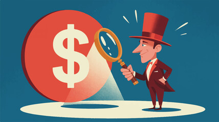 Vector art of man in top hat examines dollar sign with magnifying glass