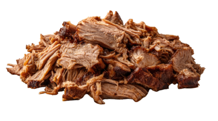 Deliciously prepared shredded meat, perfect for culinary delights. Featuring tender, juicy textures and rich, savory flavors. Isolated On Transparent and White Background