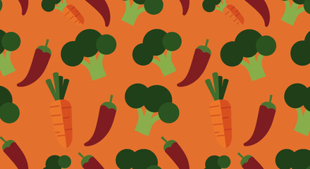 Seamless vector pattern of broccoli, carrots, and chili peppers on an orange background