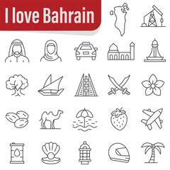 Set of icons of Bahraini culture, architecture, and national symbols.  Symbolism of Bahrain.