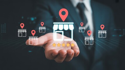 Franchise network concept: A hand holding a virtual franchise store surrounded by digital location markers, symbolizing expansion, branding, and strategic market reach.