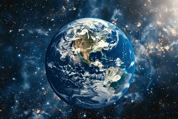 Obraz premium Stunning realistic earth planet surrounded by a vibrant blue atmosphere and cosmic space backdrop