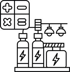 A black and white drawing of a factory with a sign that says 