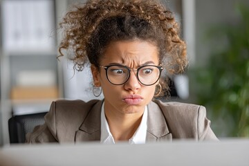Young woman making a funny face while working at office. Shocked or confused expression, reaction to problem or challenge.