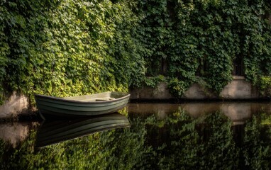 Calm canal scene with a small boat