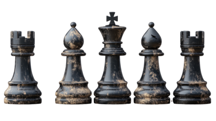 Captivating high-angle studio shot showcases chess pieces, poised for strategic brilliance. the king, queen, and bishop are arranged elegantly. a creative. Isolated On Transparent and White Background