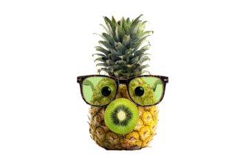 A pineapple wearing glasses and a green kiwi in its mouth. The image has a playful and fun mood, png