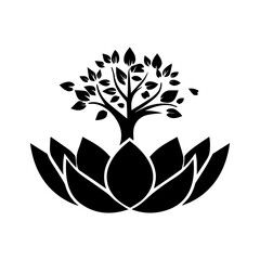 Elegant black tree sprouting from stylized lotus petals symbolizing growth, nature, and spiritual awakening for wellness brands