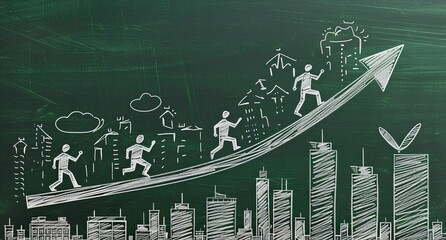 Chalkboard illustration depicting upward trending growth, symbolized by figures running along an arrow towards a cityscape, implying progress and development