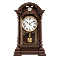 Ornate wooden grandfather-style clock,  dark brown finish,  classic design