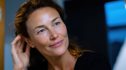 Fototapeta premium A warm and inviting image of a contemplative woman softly smiling, embodying grace and confidence in a serene indoor setting, evoking feelings of tranquility and introspection.