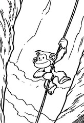 A cartoon monkey climbs a rope along a steep mountain face.