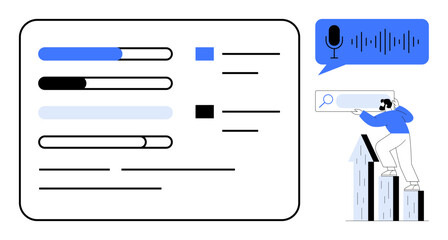 Dashboard with progress bars, task lists, and voice search. Ideal for data management, task tracking, digital analytics, productivity, workflow technology innovation. Simple flat metaphor