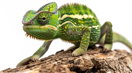 Obraz premium Detailed close-up of a vibrant green chameleon resting on a rough wooden branch