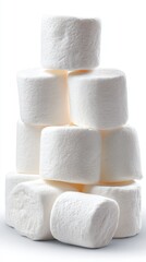 Close up view of a neatly stacked pile of small, white, cylindrical marshmallows coated in sugar crystals, set against a bright white background.