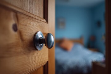 Wooden door opening to a bedroom
