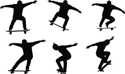 Skateboarding silhouette in dynamic trick poses, hoodie style, urban sport action, balance and movement, isolated black figure on white background