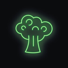 Green neon broccoli icon glowing on a black background, perfect for healthy food concepts