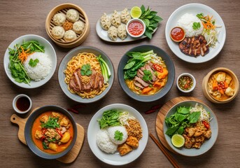 Assorted Asian Cuisine Dishes on Rustic Table – Colorful Top View Food Photography