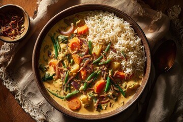 South Indian Rice Bowl, creamy Vegetable Korma with jeera rice, garnished with fried onions, elegant styling