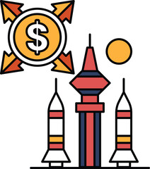 A dollar sign is drawn above a building with three rockets
