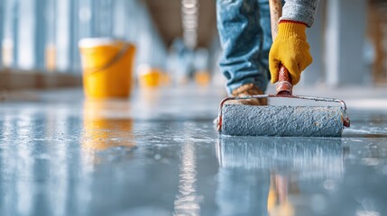 A worker paints a floor using a roller, showcasing the process of indoor renovation with yellow buckets in the background.