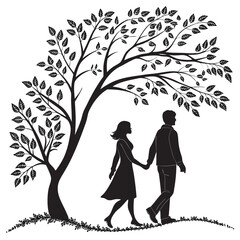 Couple Walking Silhouette Under Tree Vector Illustration